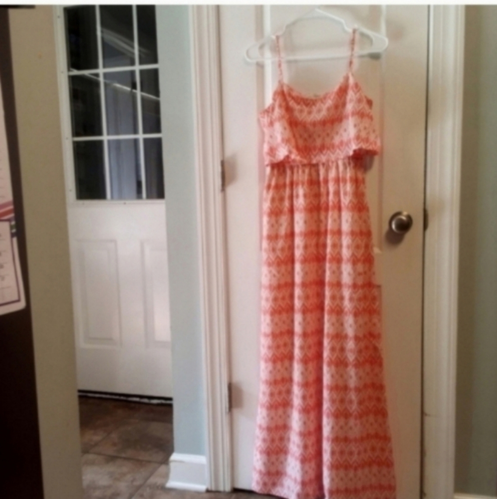 My Michelle Vintage Orange & White Geometric Maxi Dress M Draped Bodice Beach